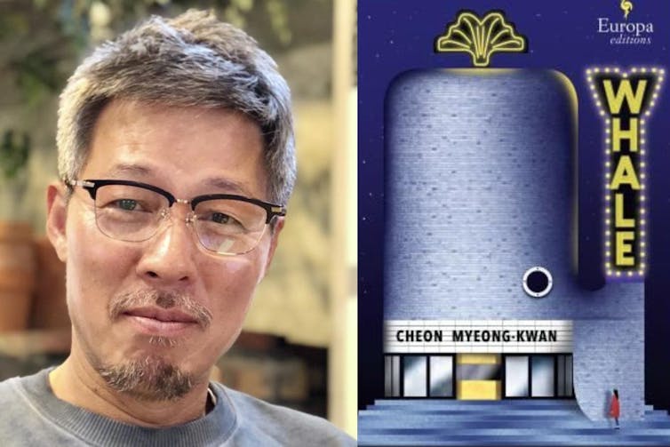 Cheon Myeong-kwan wears glasses and has grey hair. The cover for Whale shows a bar in the shape of a whale.