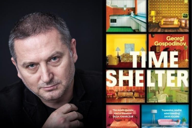 Georgi Gospodinov portrait next to colourful cover of Time Shelter.