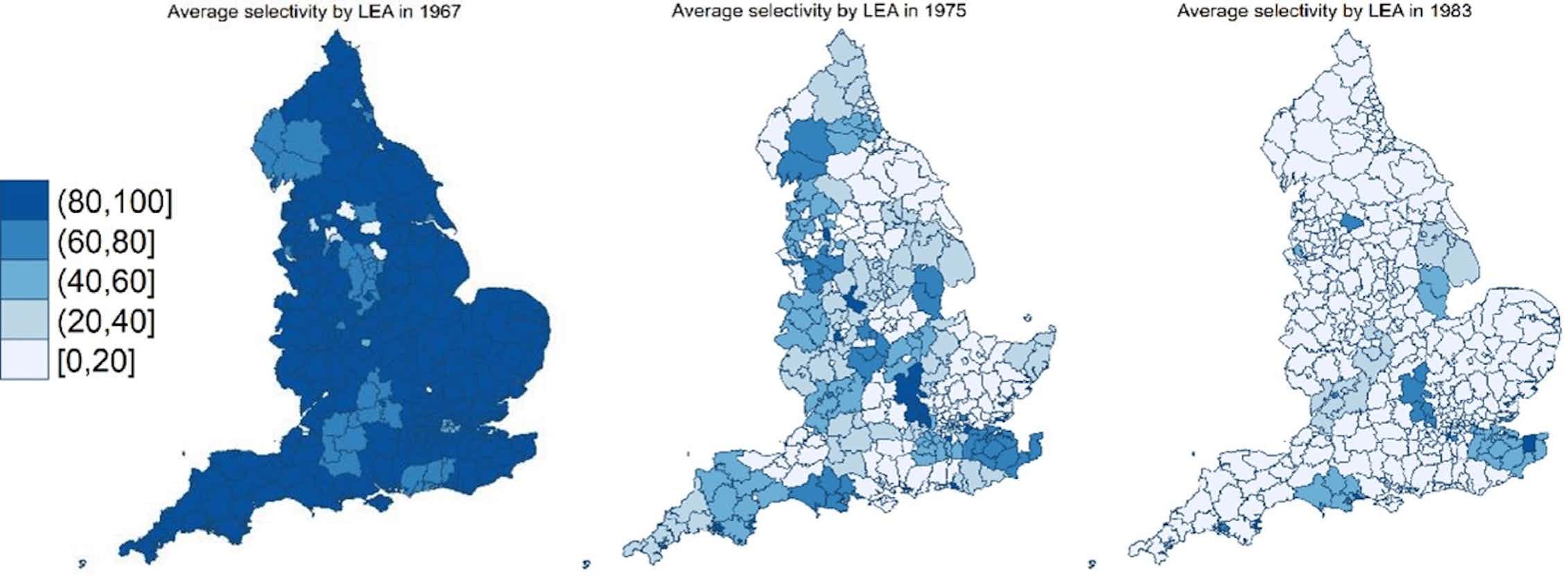 Three maps of England and Wales map showing an ever decreasing proportion of selective schooling percentages in local education authorities