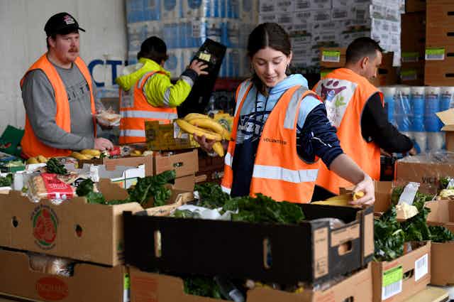 Volunteers pack boxes of food
