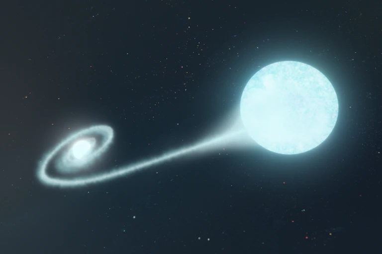 A glowing orb on the right linked to a spiral on its left on a black background