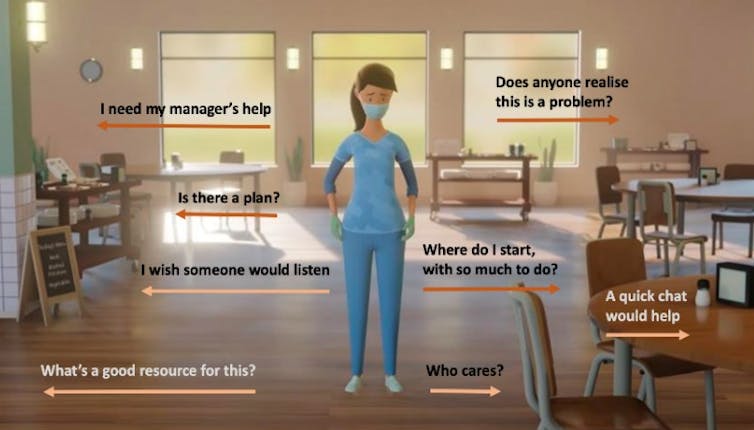 Graphic of a person in scrubs and a face mask in a long-term care setting, with text