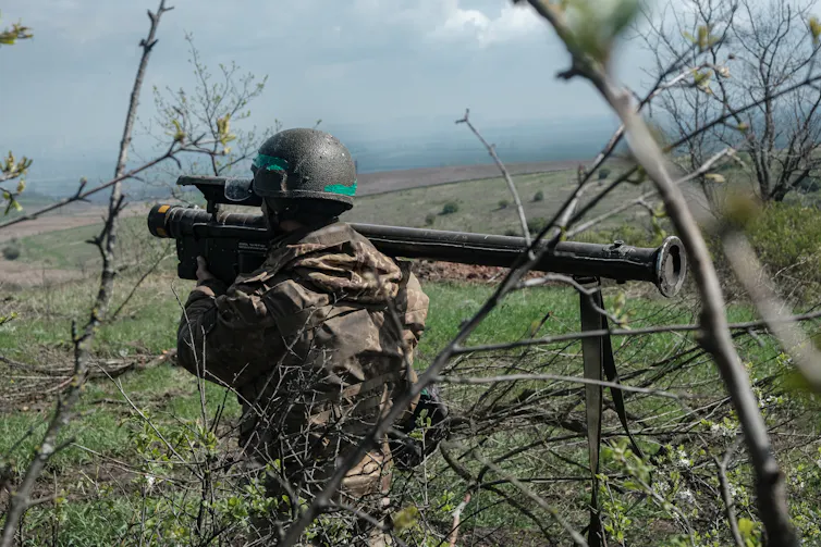 A member of the Ukrainian army's anti-aircraft missile division of the 57th Brigade in position outside of Bakhmut, Ukraine