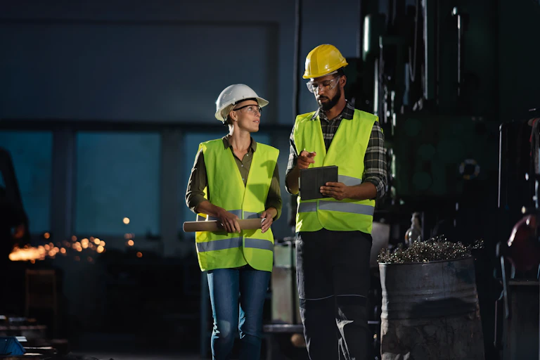 A female and male industrial worker at night.