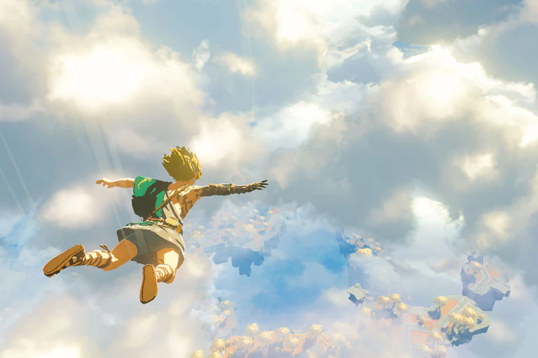 A video game character launches himself from the sky down to the world below.