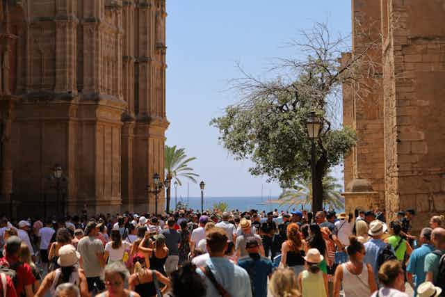 Crowds of people next to the Cathedral of Santa María de Palma (Mallorca).