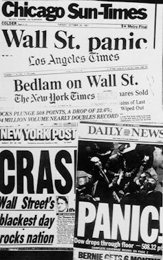 a bunch of black and white newspaper front pages are layered on top of each other with words like panic and crash and wall street