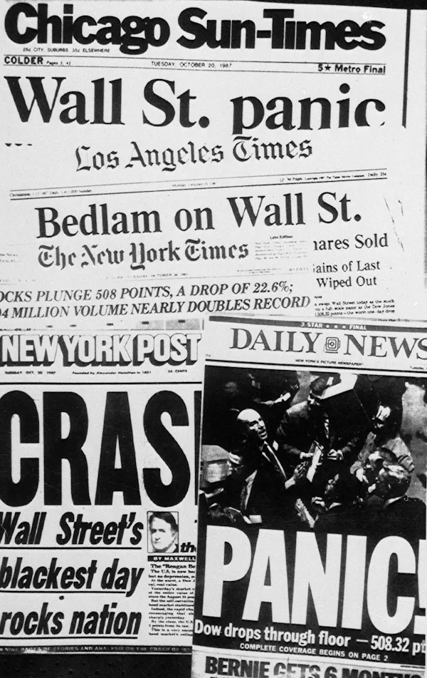 a bunch of black and white newspaper front pages are layered on top of each other with words like panic and crash and wall street