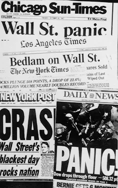a bunch of black and white newspaper front pages are layered on top of each other with words like panic and crash and wall street