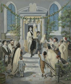 A dimly colored painting of a man holding a large scroll aloft as he stands on a flight of steps inside a synagogue.
