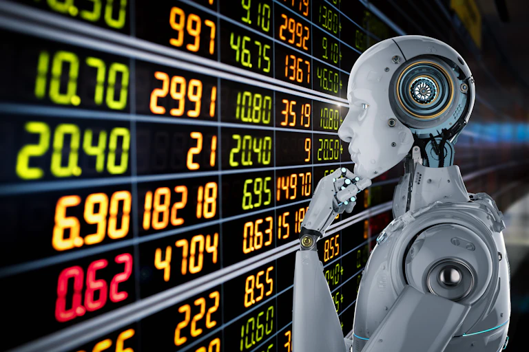 a gray robot strokes his robot chin with left robot hand while staring at a screen of numbers that resemble stock prices