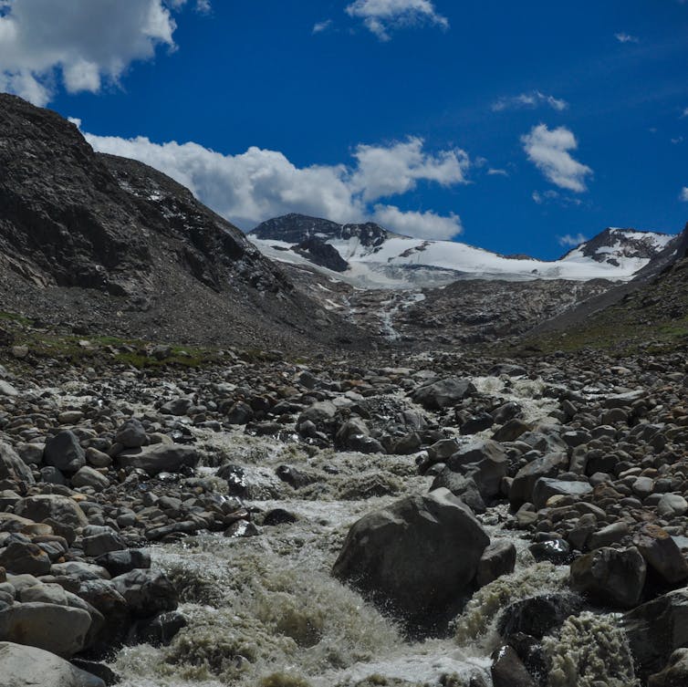 A meltwater river flowing out of a glacial valley.