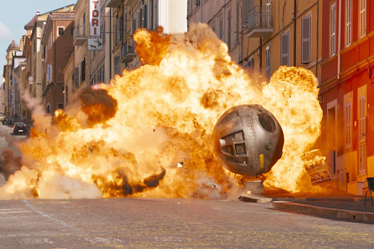 Still of exploding car from the Fast X movie
