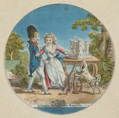 Garçon en uniforme de garde national, jeune fille, chien, miniatures : maquette de la Bastille, canon. Jardin, paysage