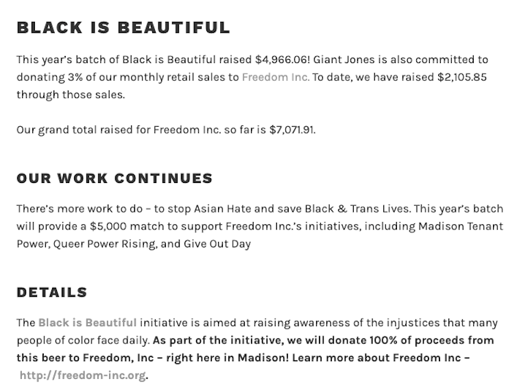 A screenshot of a webpage with sections headlined 'Black is beautiful,' 'Our work continues' and 'Details.'