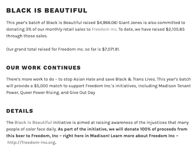 A screenshot of a webpage with sections headlined 'Black is beautiful,' 'Our work continues' and 'Details.'