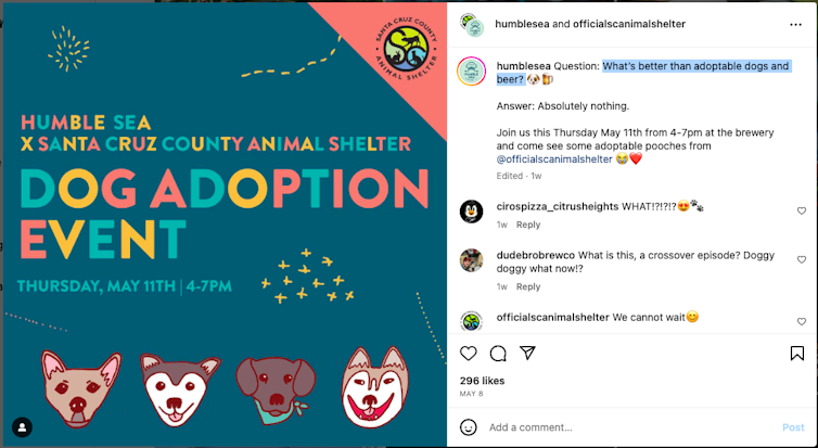 An instagram post about a dog adoption event at a brewery.