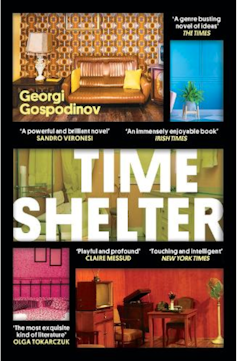 A cover of a book called Time Shelter showing five different rooms in different colours.