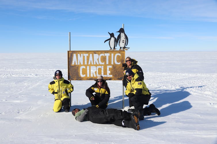 Group photo at the Antarctic Circle sign