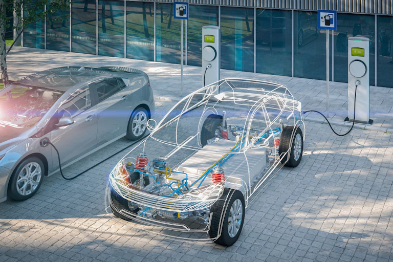 Illustration of electric car made transparent to show battery as it charges