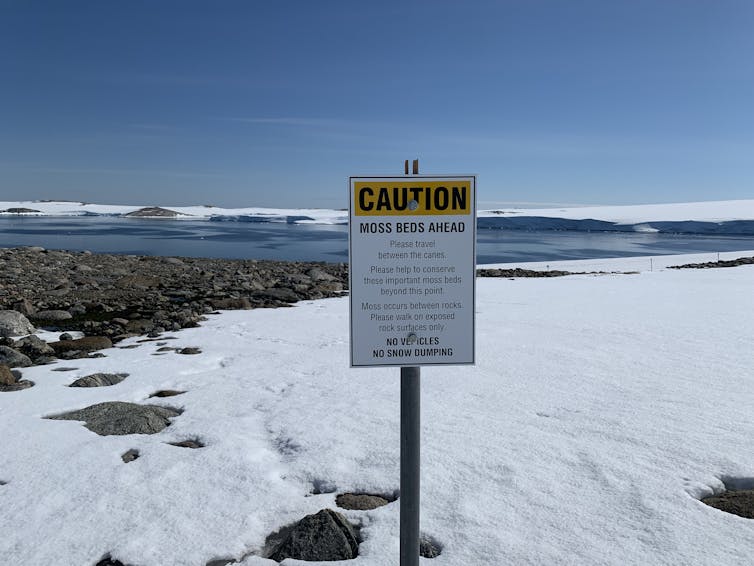 A sign to protect the moss beds in Antarctica
