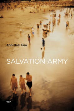 A book cover showing a sepia photograph of a beach with people on it, three young men walking in a group together in the foreground.