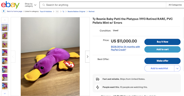 Screen shot of an eBay listing for $11,000 of a Patti the platypus Beanie Baby