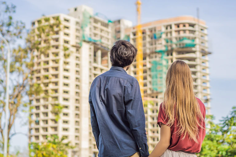 A man and a woman hold hands while looking at an apartment building under construction. They are facing away from the camera.