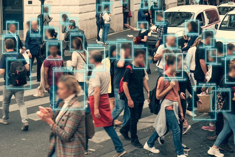 facial recognition technology being used on a crowd of people crossing the street, illustrated by blue rectangular outlines around individuals' blurred faces