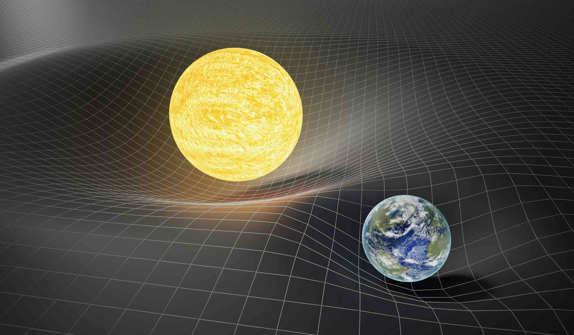 A diagram showing the Sun and Earth warping space.