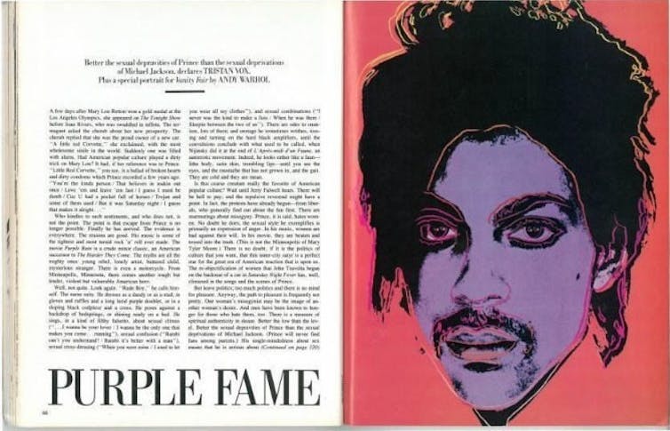A two-page display of a Vanity Fair magazine article, with a portrait of Prince on the right side.
