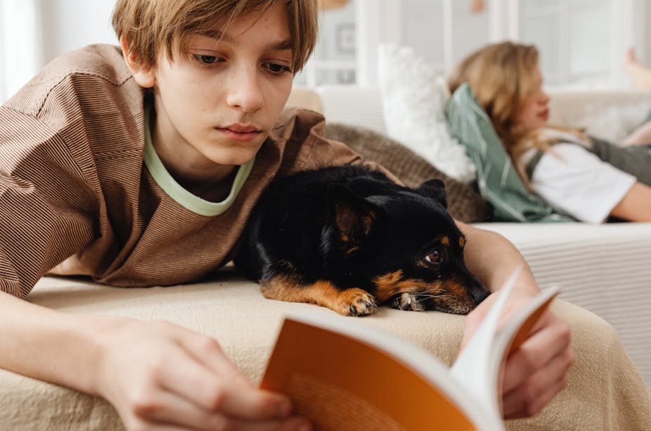 A boy reads on the couch, cuddling a small dog.