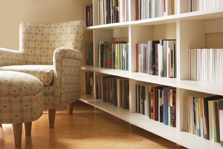 A lounge chair next to bookshelves.