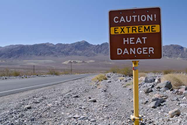 Warning sign in Death Valley National Park, California, USA. Death Valley National Park is known for dangerously high temperatures in summer.