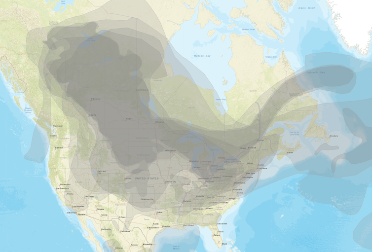 A map of North America shows where wildfire smoke from fires in Alberta Canada was detected across the US and eastern Canada Light smoke reached as far south as Texas and Georgia  but can be high in the air
