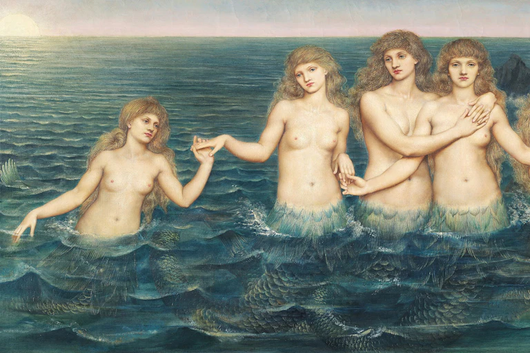 Pintura de varias mujeres en el mar, desnudas y con colas de sirena