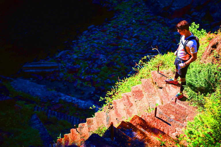 Un ultratrailer se tient debout devant un escalier improbable dans la nature