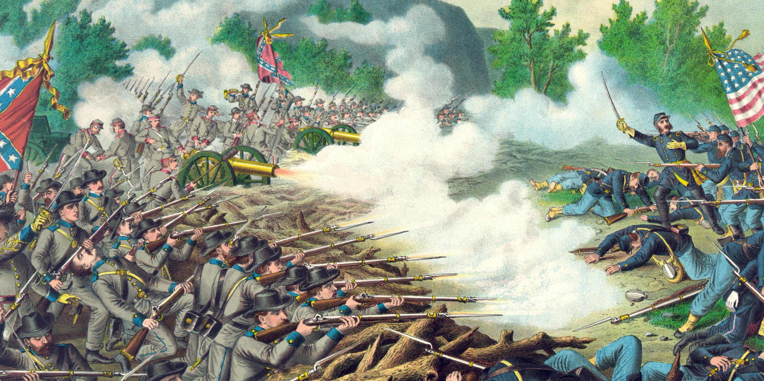 An illustration depicting a Civil War battle, with soldiers firing arms in the foreground and trees and greenery in the background.