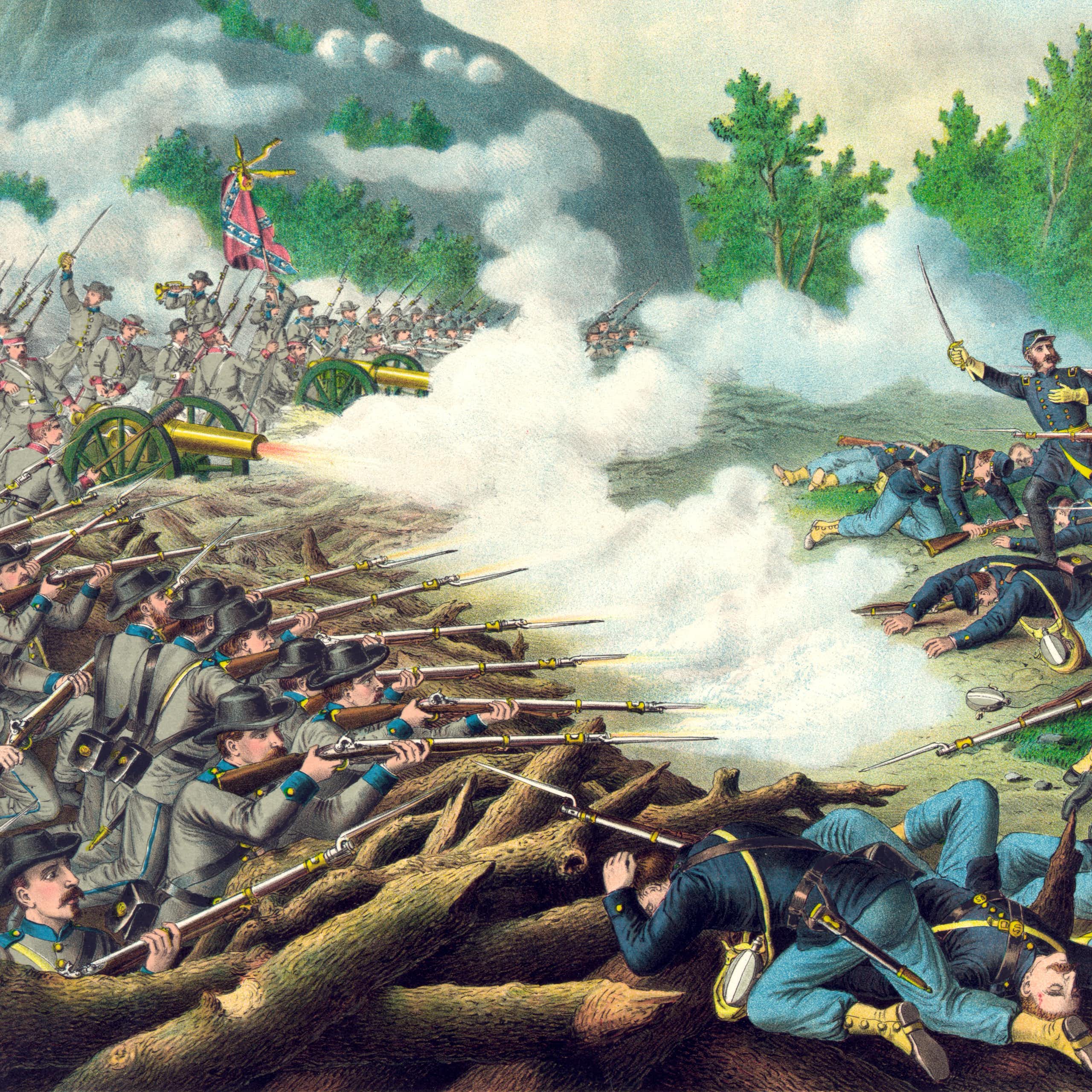 An illustration depicting a Civil War battle, with soldiers firing arms in the foreground and trees and greenery in the background.