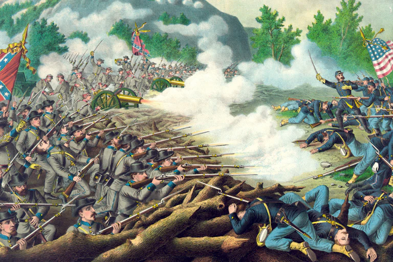 An illustration depicting a Civil War battle, with soldiers firing arms in the foreground and trees and greenery in the background.