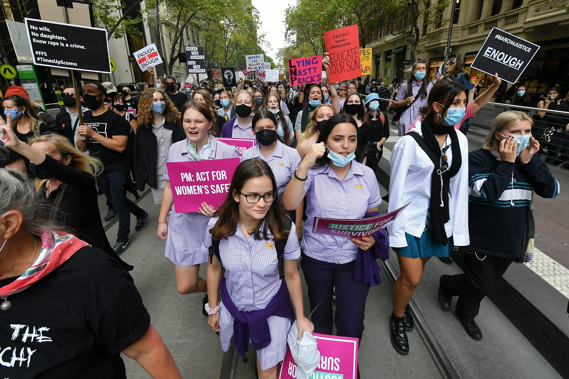 Demonstrators at the March 4 Justice rally in Melbourne in March 2021.