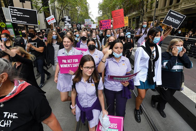 Demonstrators at the March 4 Justice rally in Melbourne in March 2021.