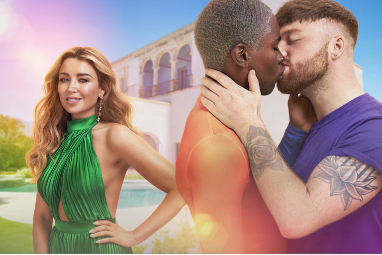 Two boys kissing in the sun, with Dannii Minogue stood next to them in a green dress.