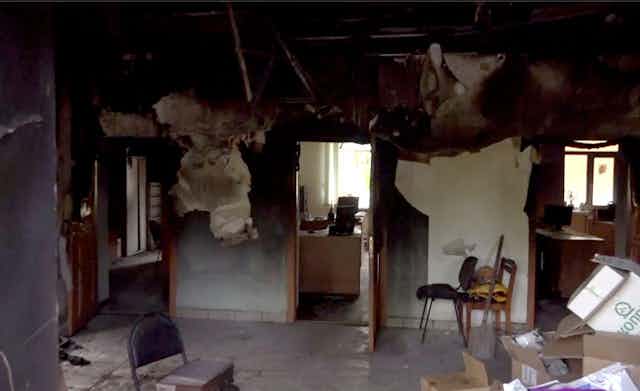 The interior of a damaged building in Belgorod, Russia.