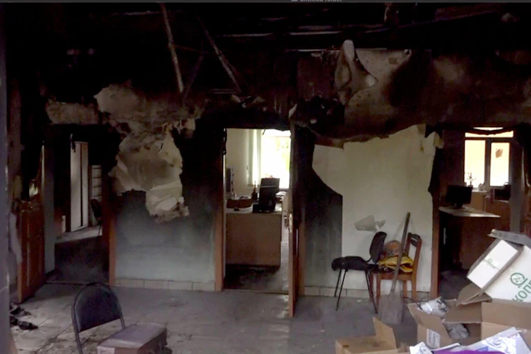 The interior of a damaged building in Belgorod, Russia.