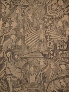 Drawing featuring faces and patterns.