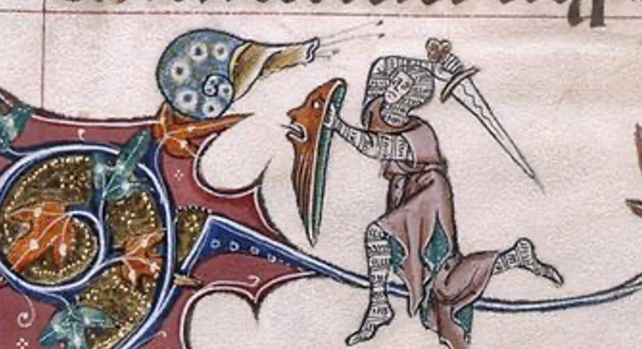 A medieval drawing shows a soldier in chainmail aiming his sword at an oversized snail with blue shell.