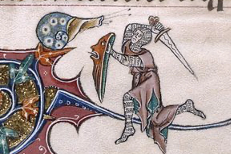 A medieval drawing shows a soldier in chainmail aiming his sword at an oversized snail with blue shell.