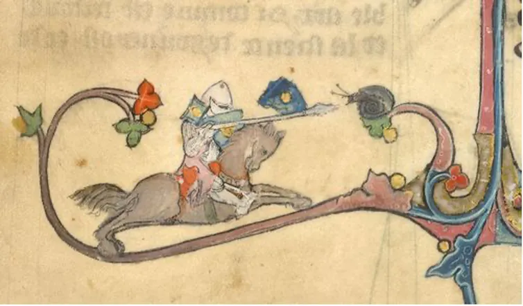 A knight on horseback jousting with a snail.