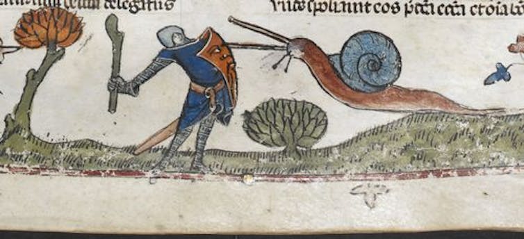 A knight approaches a large red snail, wielding a club.